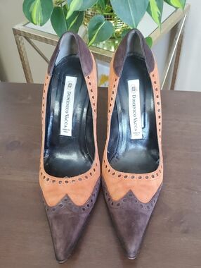 Domenico Vacca Italian Made Two-Tone Suede Pointed Toe Pumps in Brown & Orange